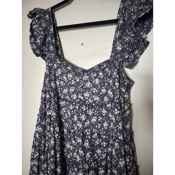 Navy Floral Tiered Ruffle Flower Flutter Sleeve Wedding Guest Short Dress Large - Picture 3 of 7